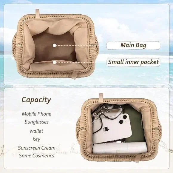 Tan Straw Clutch Handbags Women Woven Dumpling Purse Crossbody Shoulder Bag - Picture 5 of 6